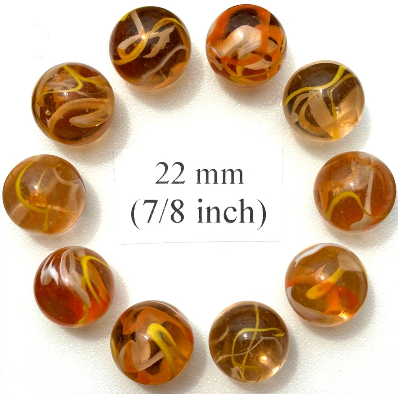 FIREFLY Clear Orange/Yellow Glass Marbles 22mm (7/8 inch) SHOOTER Taw (Lot of 10)